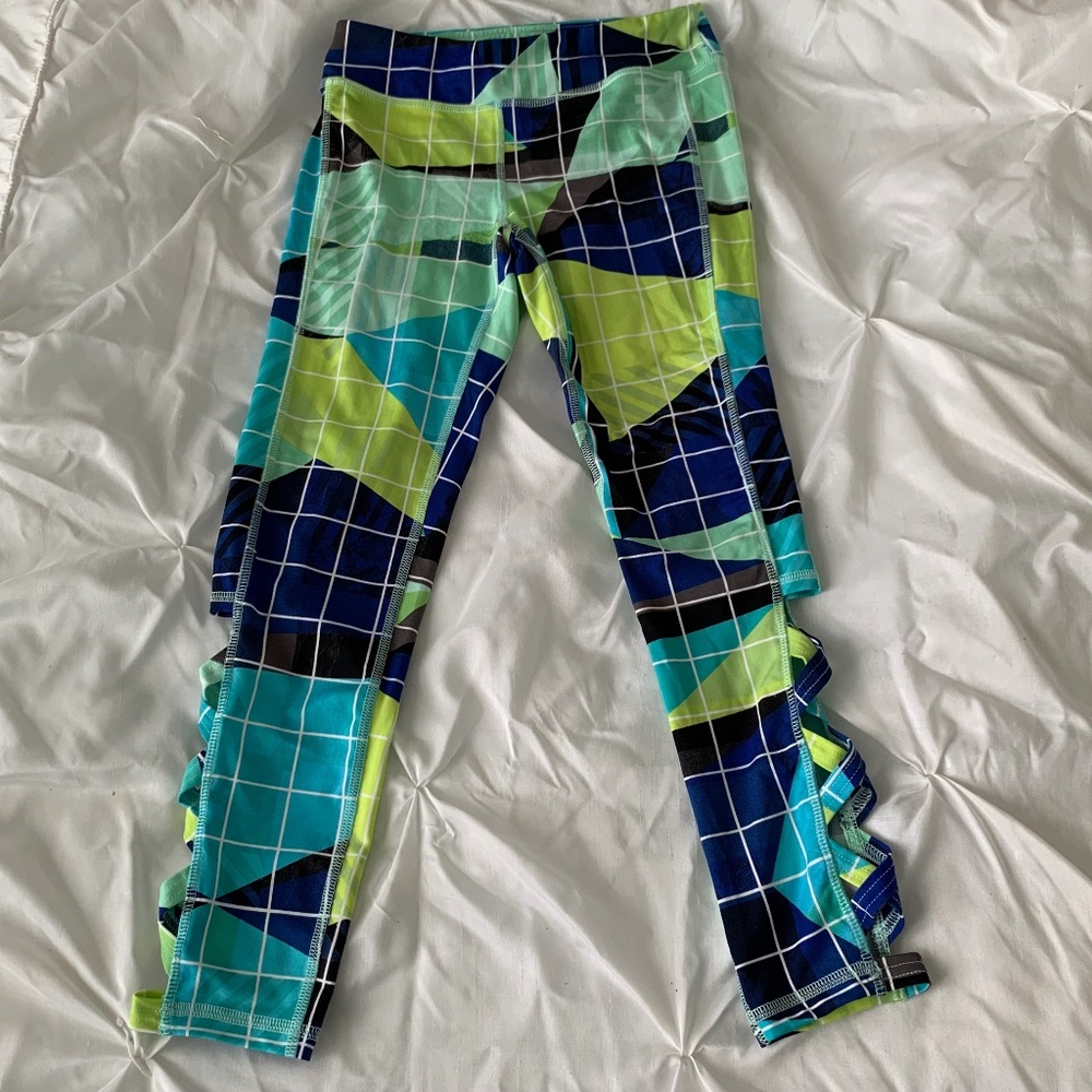 Ideology Printed Caged Leggings Blue Green with Lattice Detailing Girls SMALL